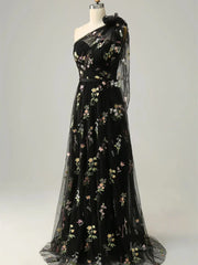 Dusty Blue Floral Lace Prom Dresses One Shoulder Formal Dress FD4080B