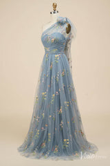 Dusty Blue Floral Lace Prom Dresses One Shoulder Formal Dress FD4080B