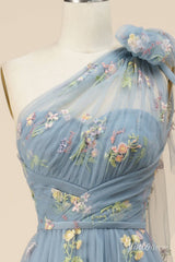 Dusty Blue Floral Lace Prom Dresses One Shoulder Formal Dress FD4080B