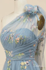 Dusty Blue Floral Lace Prom Dresses One Shoulder Formal Dress FD4080B