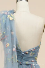 Dusty Blue Floral Lace Prom Dresses One Shoulder Formal Dress FD4080B
