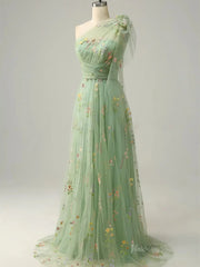 Dusty Blue Floral Lace Prom Dresses One Shoulder Formal Dress FD4080B