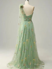 Dusty Blue Floral Lace Prom Dresses One Shoulder Formal Dress FD4080B