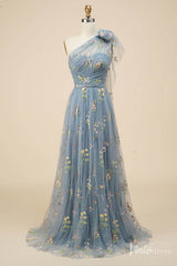 Dusty Blue Floral Lace Prom Dresses One Shoulder Formal Dress FD4080B