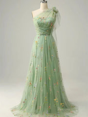 Dusty Blue Floral Lace Prom Dresses One Shoulder Formal Dress FD4080B