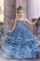 Dusty Blue Flower Girl Dresses with Spaghetti Straps & Lace Appliques