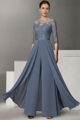 Half Sleeves Chiffon Mother of Bride Jumpsuit with Appliques