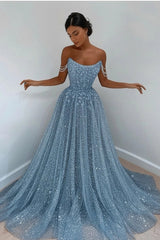 Sparkly Sky Blue Off-the-Shoulder Prom Dress Long with Sequins