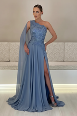 One-Shoulder Sleeveless Chiffon Evening Dresses Long with Side Slit
