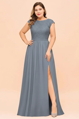 Plus Size Bridesmaid Dress Lace with Split Cap Sleeves Chiffon Wedding Guest Dress