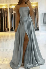 Simple Prom Dress Long With Spaghetti Straps Front Slit Satin Evening Dress