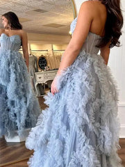 Dusty Blue Ruffled Prom Dresses with Slit & Sweetheart Neck Sheer Boned Bodice - FD3719