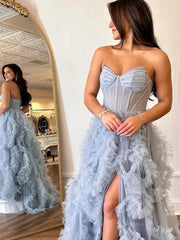 Dusty Blue Ruffled Prom Dresses with Slit & Sweetheart Neck Sheer Boned Bodice - FD3719