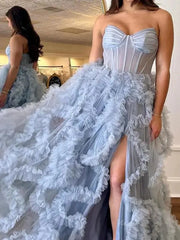 Dusty Blue Ruffled Prom Dresses with Slit & Sweetheart Neck Sheer Boned Bodice - FD3719