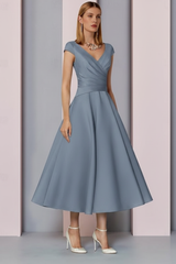 Navy Satin A-Line Mother of the Bride Dress V Neck Tea Length Wedding Guest Dress