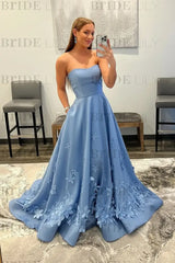 Strapless Light Blue Satin Prom Dresses 3D Flowers A-line Evening Dresses with Pocket