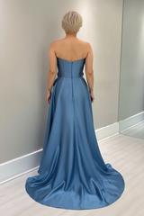 Dusty Blue Satin Mother of the Bride Dress Strapless with Flowers