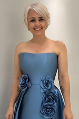 Dusty Blue Satin Mother of the Bride Dress Strapless with Flowers