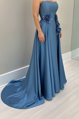 Dusty Blue Satin Mother of the Bride Dress Strapless with Flowers