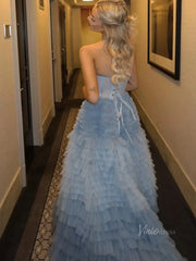 Dusty Blue Tulle Prom Dresses 2025 Ruffled Strapless Formal Gown FD3731