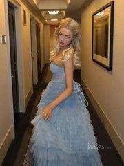 Dusty Blue Tulle Prom Dresses 2025 Ruffled Strapless Formal Gown FD3731