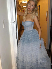 Dusty Blue Tulle Prom Dresses 2025 Ruffled Strapless Formal Gown FD3731