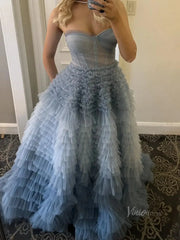 Dusty Blue Tulle Prom Dresses 2025 Ruffled Strapless Formal Gown FD3731