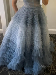 Dusty Blue Tulle Prom Dresses 2025 Ruffled Strapless Formal Gown FD3731