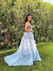 Dusty Blue Tulle Prom Dresses 2025 Ruffled Strapless Formal Gown FD3731