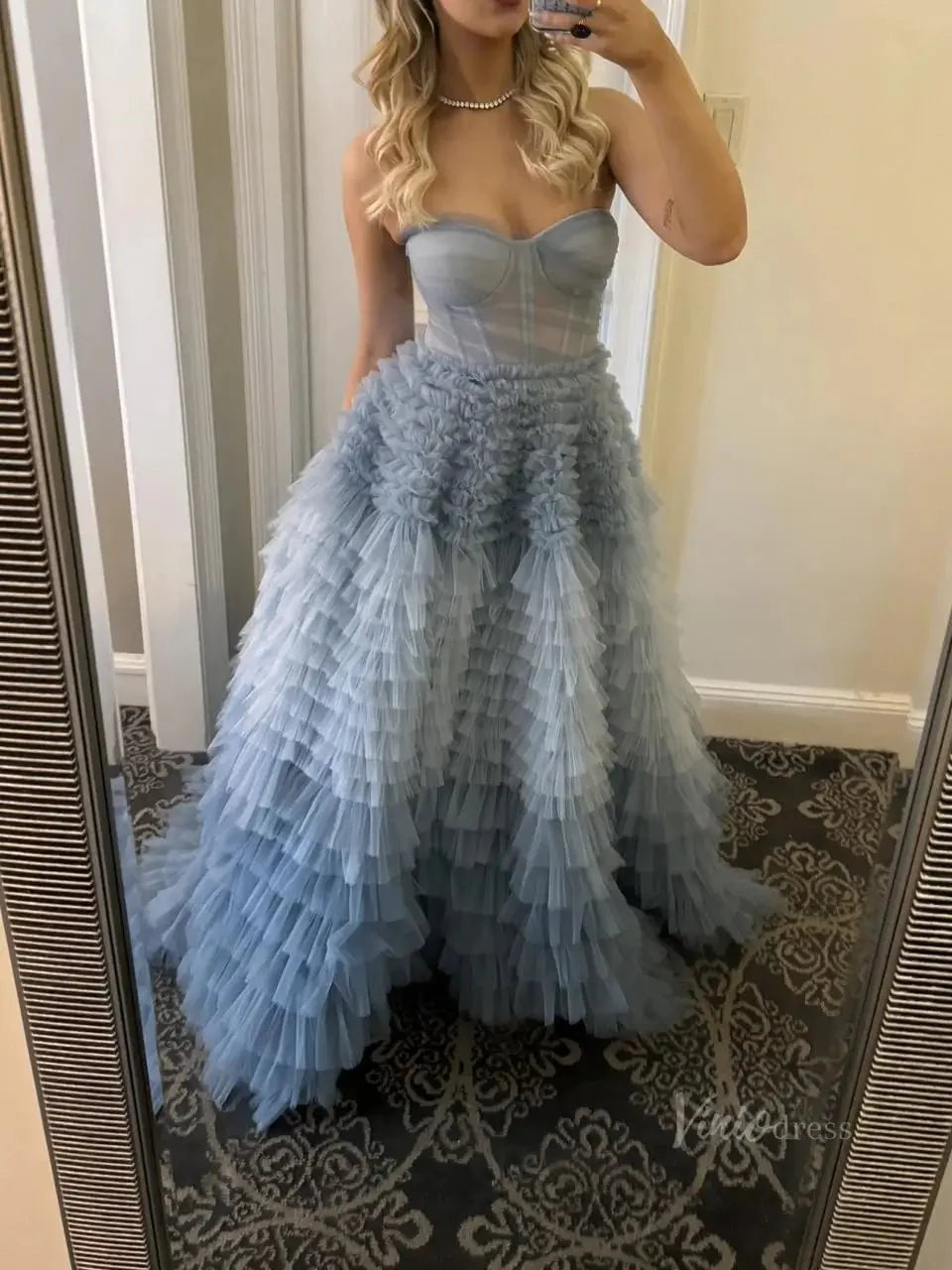 Dusty Blue Tulle Prom Dresses 2025 Ruffled Strapless Formal Gown FD3731