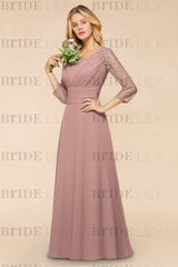 Long Sleeves Aline Bridesmaid Dress Ruffle Chiffon Beadings Wedding Guest Dress