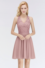 V-Neck Knee Length Floral Lace Birdesmaid Dresses
