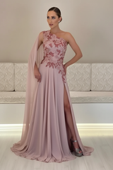 One-Shoulder Sleeveless Chiffon Evening Dresses Long with Side Slit