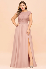 Plus Size Bridesmaid Dress Lace with Split Cap Sleeves Chiffon Wedding Guest Dress