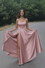 Simple A Line Red Satin Prom Dresses Long with High Slit Formal Graduation Evening Dresses