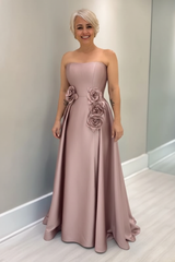 Dusty Blue Satin Mother of the Bride Dress Strapless with Flowers