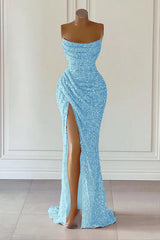 Dusty Pink Sequined Mermaid Prom Gown with Dramatic Slit Sleeveless