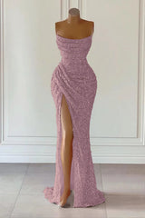 Dusty Pink Sequined Mermaid Prom Gown with Dramatic Slit Sleeveless