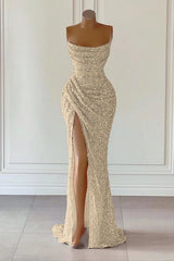 Dusty Pink Sequined Mermaid Prom Gown with Dramatic Slit Sleeveless