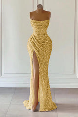 Dusty Pink Sequined Mermaid Prom Gown with Dramatic Slit Sleeveless