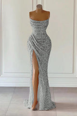 Dusty Pink Sequined Mermaid Prom Gown with Dramatic Slit Sleeveless