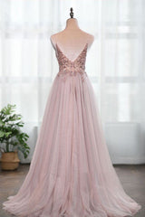 Dusty Pink Spaghetti Straps Beading Prom Dress A Line Tulle Evening Dresses with Front Split