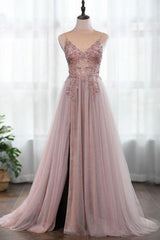 Dusty Pink Spaghetti Straps Beading Prom Dress A Line Tulle Evening Dresses with Front Split