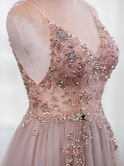 Dusty Pink Spaghetti Straps Beading Prom Dress A Line Tulle Evening Dresses with Front Split