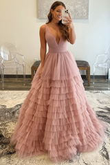 V Neck Layered Tulle Long Prom Dresses Orange Aline Formal Evening Dresses