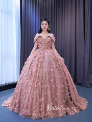 Dusty Rose 3D Flower Ball Gown Vintage Princess Quince Dresses 222161