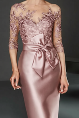 Bateau 3/4 Long Sleeves Satin Mother of the Bride Dresses with Lace