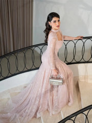 Dusty Rose Lace Prom Dresses 2025 with Long Sleeve & High Neck – FD5203