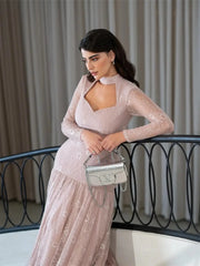 Dusty Rose Lace Prom Dresses 2025 with Long Sleeve & High Neck – FD5203
