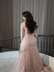 Dusty Rose Lace Prom Dresses 2025 with Long Sleeve & High Neck – FD5203